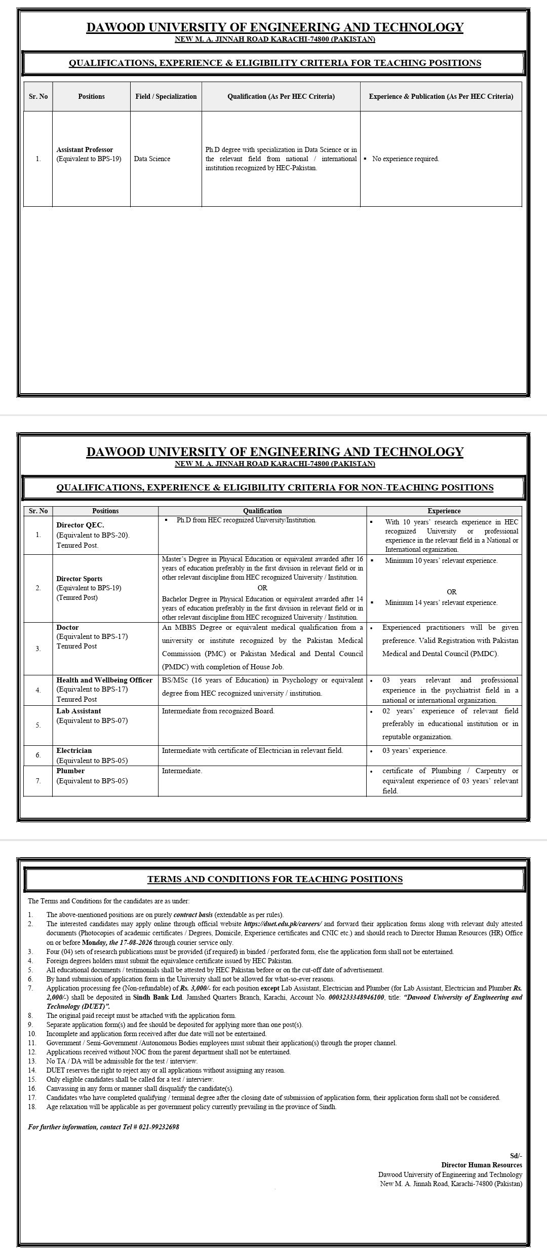 Dawood University of Engineering & Technology Karachi Jobs