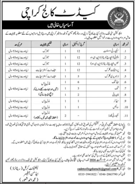 Cadet College Karachi Jobs 2026